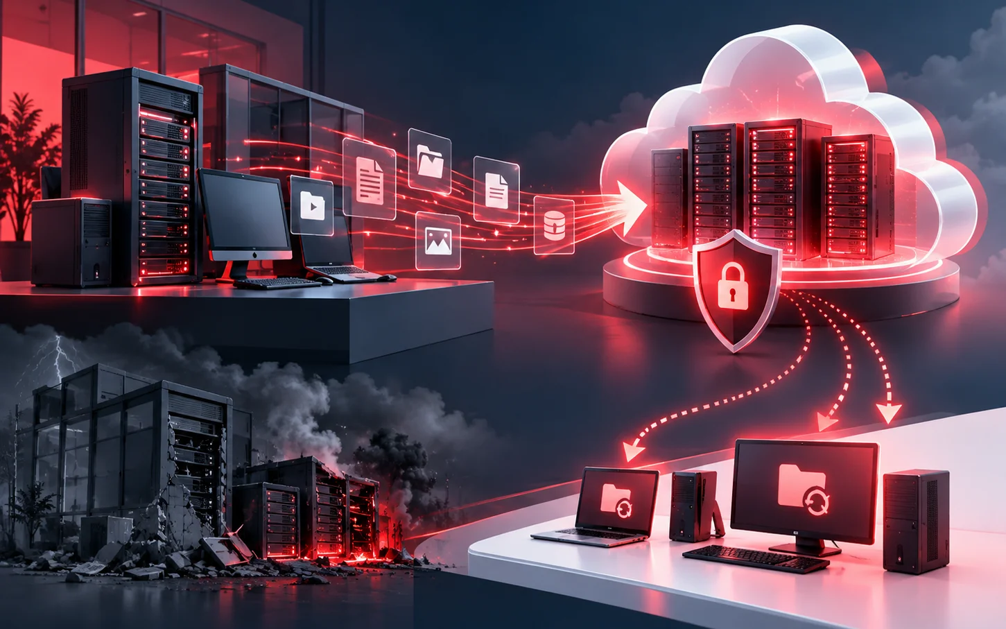 Illustration of data backed up to the cloud and restored to new systems after a disaster